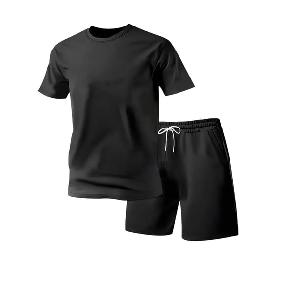 hotojiny Men's Tracksuit Summer 2 Piece Set Short Sleeve Crew Neck T-Shirt and Sweat Shorts Sweatsuit Sets Loungewear(Black,Medium)