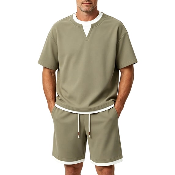 hotojiny Men's Two Piece Shorts Sets Summer Sweatsuits Casual Comfy Jogging Active Sets Stylish Color Block Matching Outfit(Green,X-Large)