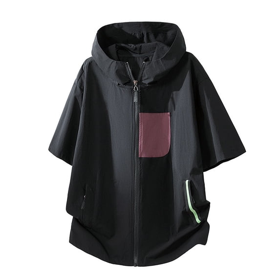 hotojiny Men's UPF50+ Full Zip Jacket Short Sleeve Sun Protection Quick Dry Rash Guard Athletic Hooded T-Shirt for Fishing Beach