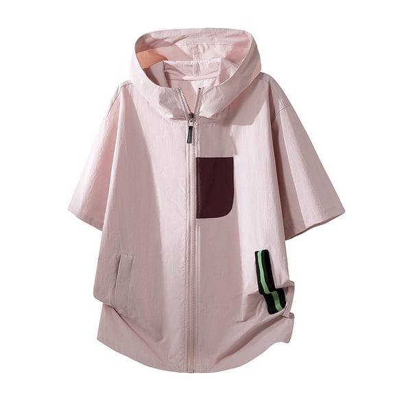 hotojiny Men's UPF50+ Full Zip Jacket Short Sleeve Sun Protection Quick Dry Rash Guard Athletic Hooded T-Shirt for Fishing Beach