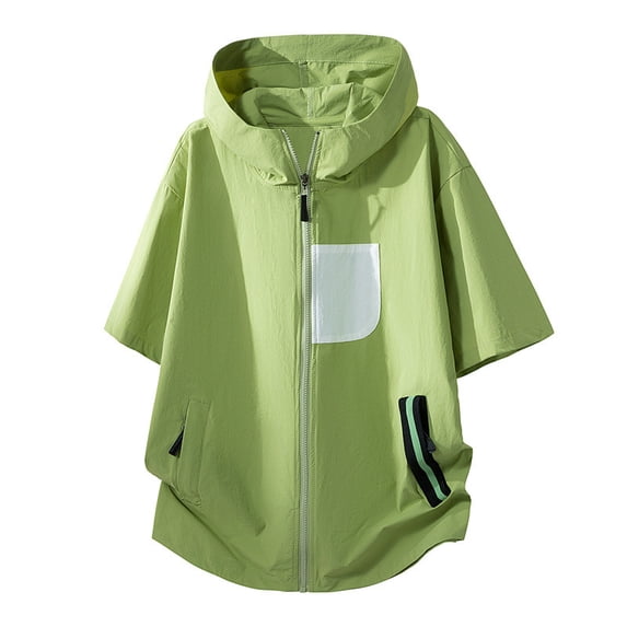 hotojiny Men's UPF50+ Full Zip Jacket Short Sleeve Sun Protection Quick Dry Rash Guard Athletic Hooded T-Shirt for Fishing Beach