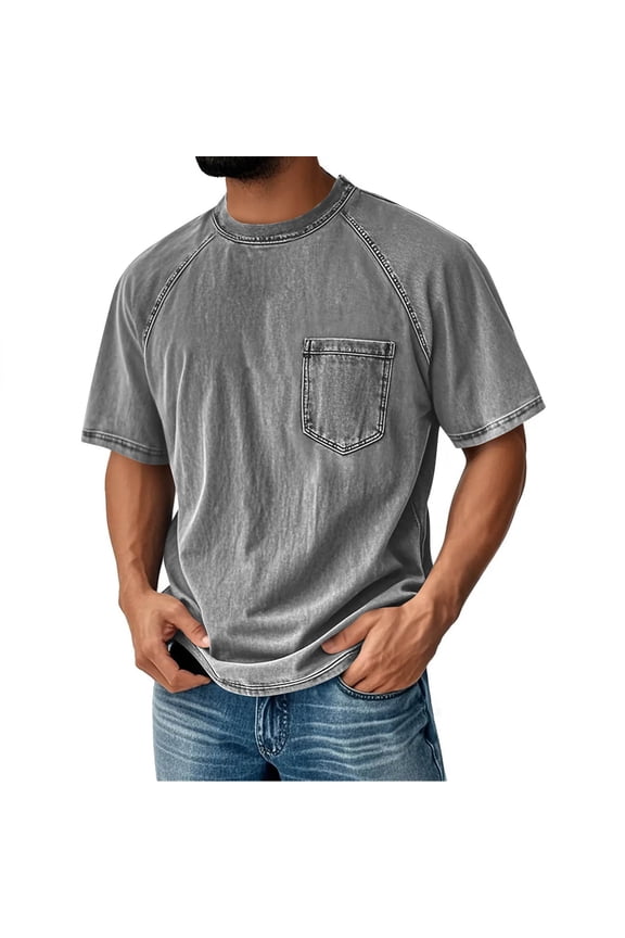 Men's Washed T-Shirt Big and Tall Vintage Streetwear Casual Crew Neck Short Sleeve Oversized Tee with Pocket