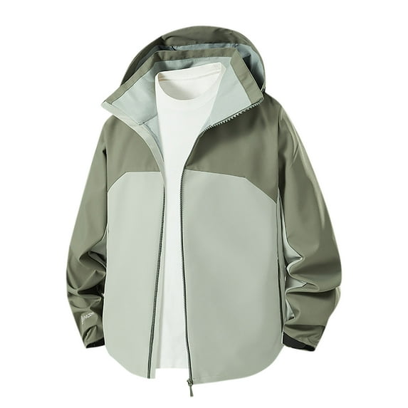 hotojiny Men's Waterproof Raincoat Lightweight Fashion Colorblock Rain Jacket Loose Hood Windbreaker Outdoor Outwear for Hiking Travel