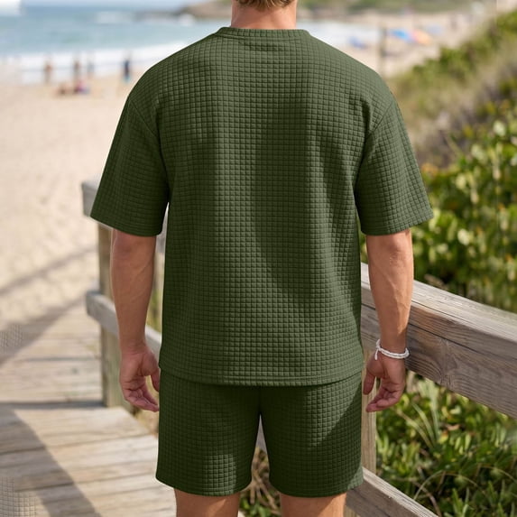 hotojiny Mens 2 Piece Outfits Summer Textured T-Shirt and Drawstring Shorts Set Comfortable Short Sleeve Travel Outfit(Army Green,X-Large)