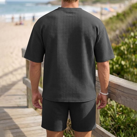 hotojiny Mens 2 Piece Outfits Summer Textured T-Shirt and Drawstring Shorts Set Comfortable Short Sleeve Travel Outfit(Black,X-Large)