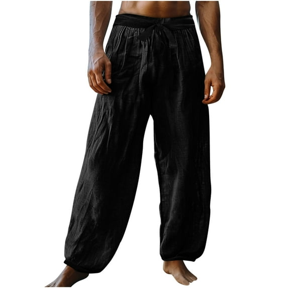 hotojiny Mens Casual Pants Summer Elastic Waist Beach Yoga Palazzo Trousers Lightweight Tie Front Flowy Linen Pants