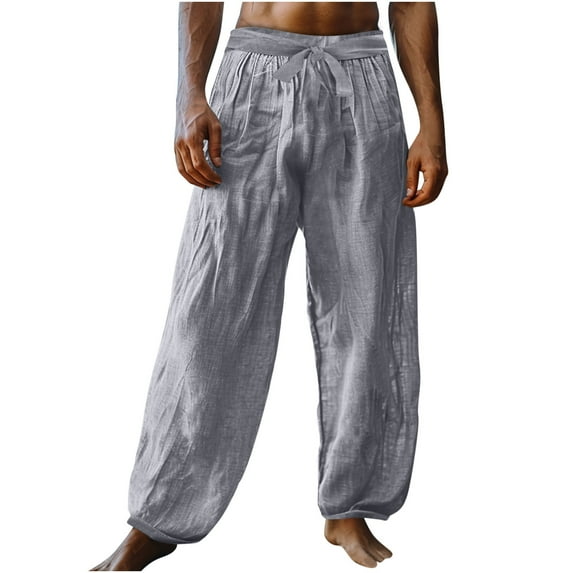 hotojiny Mens Casual Pants Summer Elastic Waist Beach Yoga Palazzo Trousers Lightweight Tie Front Flowy Linen Pants