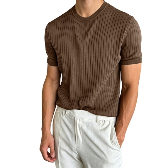 hotojiny Mens Casual T-Shirts Classic Short Sleeve Knit Tees Crewneck Ribbed Solid Shirts Comfort Business Work Tops