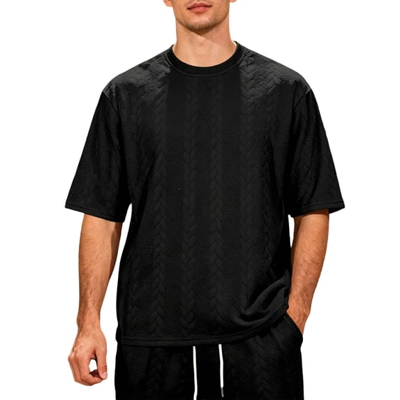 hotojiny Mens Casual T-Shirts Textured Classic Fit Half Sleeve Knit Tees Loose Crewneck Solid Color Tee Shirts S-3XL