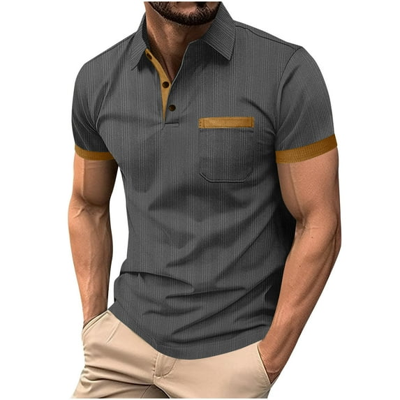 hotojiny Mens Colorblock Shirts Vintage Lapel Button Golf Shirt Comfortable Short Sleeve Performance Business Pocket Top