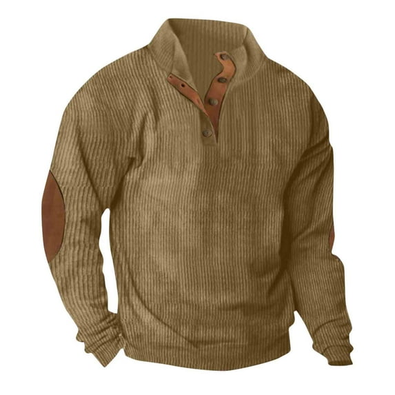 hotojiny Mens Corduroy Sweatshirts Textured Trend Colorblock Fall Shirt Casual Quarter Button Stand Collar Pullover for Work Golf