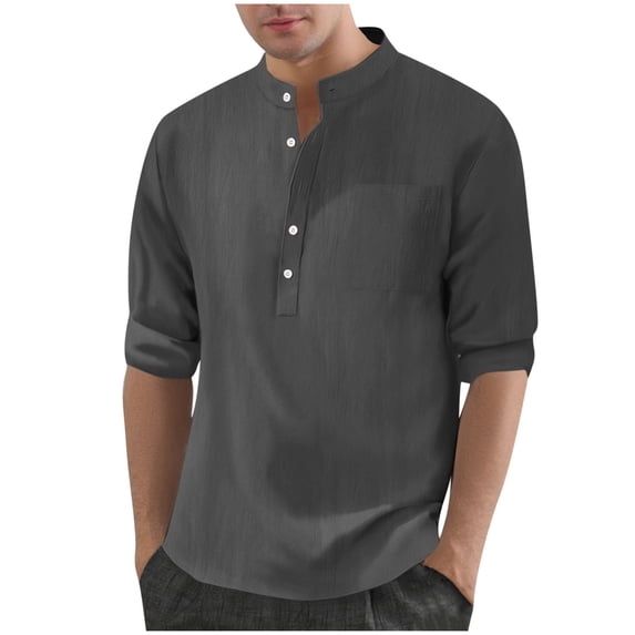 hotojiny Mens Cotton Linen Henley Shirts Casual Long Sleeve Breathable T-Shirt Summer Lightweight Beach Work Tops with Pocket