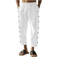 thumbnail image 1 of hotojiny Mens Cotton Linen Pants Elastic Waist Drawstring Summer Cropped Trousers Loose Fit Side Button Beach Pants with Pockets, 1 of 4