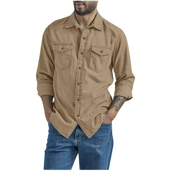 hotojiny Mens Denim Shirt Trendy Long Sleeve Button down Shirts with Two Pockets Jean Look Work Shirts for Men