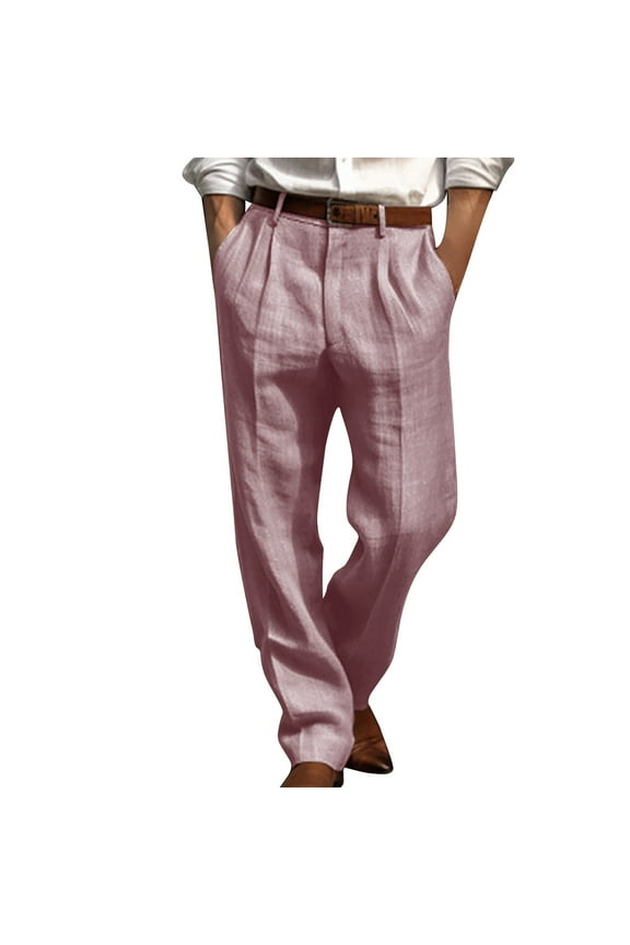 hotojiny Mens Dress Pants Lightweight Button Loose Fit Pleated Slacks Summer Linen Solid Color Beach Yoga Trousers with Pockets