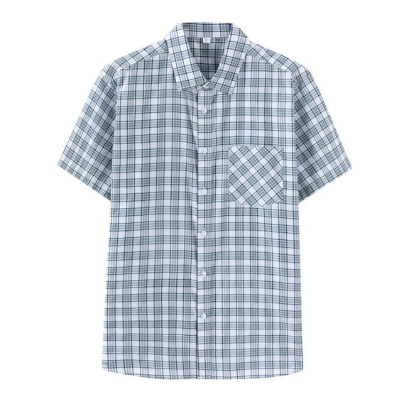 hotojiny Mens Dress Shirts Short Sleeve Button down Plaid Shirt Casual Regular Fit Stretch Tops Summer Wedding Vacation Shirt