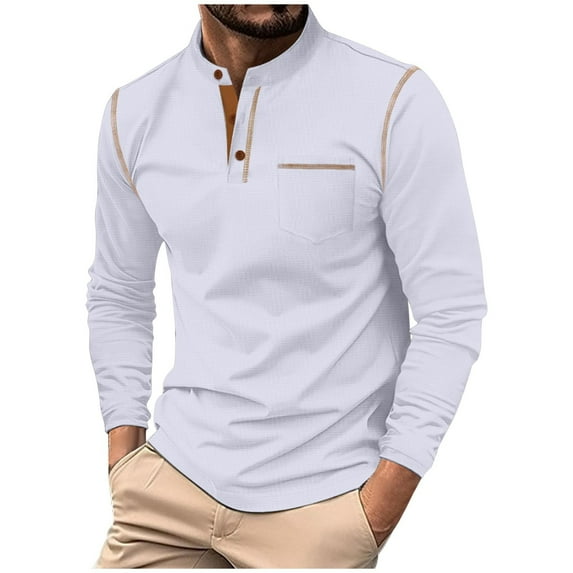 hotojiny Mens Golf Shirt Vintage Long Sleeve Work Shirts Classic Colorblock Fall Thermal Button Shirt with Pocket