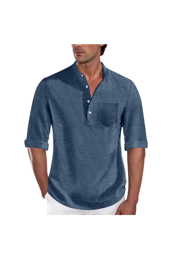 Mens Henley Shirts Comfy Roll up 3/4 Sleeve Beach Yoga Summer Tops Half Button Casual T-Shirt with Pocket