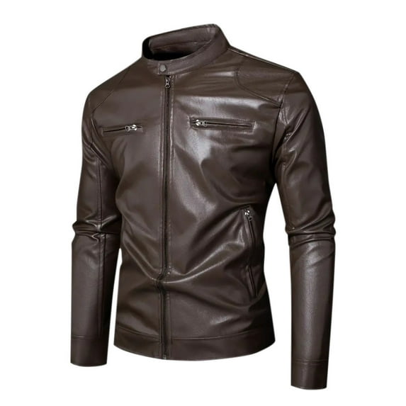hotojiny Mens Leather Jacket Fashion Stand Collar PU Leather Jacket for Men Motorcycle Zip-Up Slim Fit Biker Coat