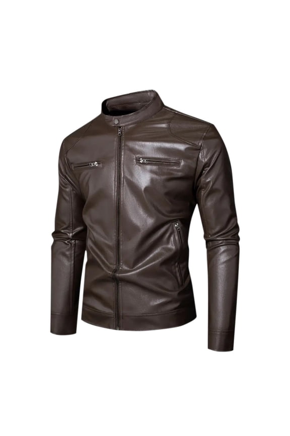 Mens Leather Jacket Fashion Stand Collar PU Leather Jacket for Men Motorcycle Zip-Up Slim Fit Biker Coat