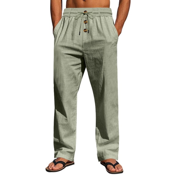 hotojiny Mens Linen Pants Elastic Waist Drawstring Fall Pants Solid Lightweight Straight Leg Loose Fit Yoga Trousers with Button