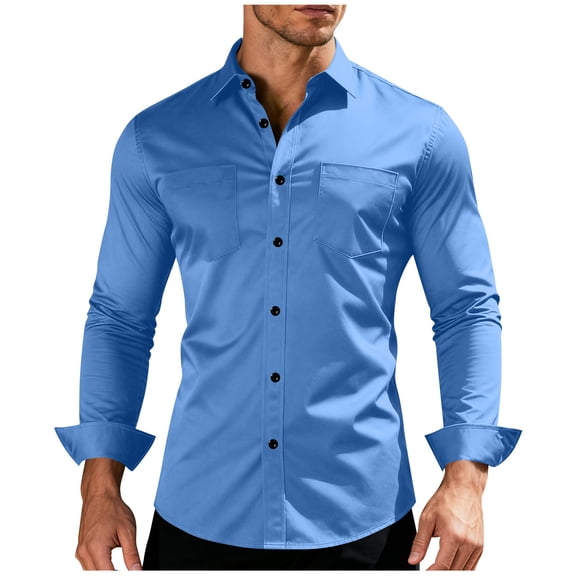 hotojiny Mens Long Sleeve Work Shirts Casual Outdoor Button Down Shirts Stretch Wedding Business Tops Daily Fall Shirts with Pockets