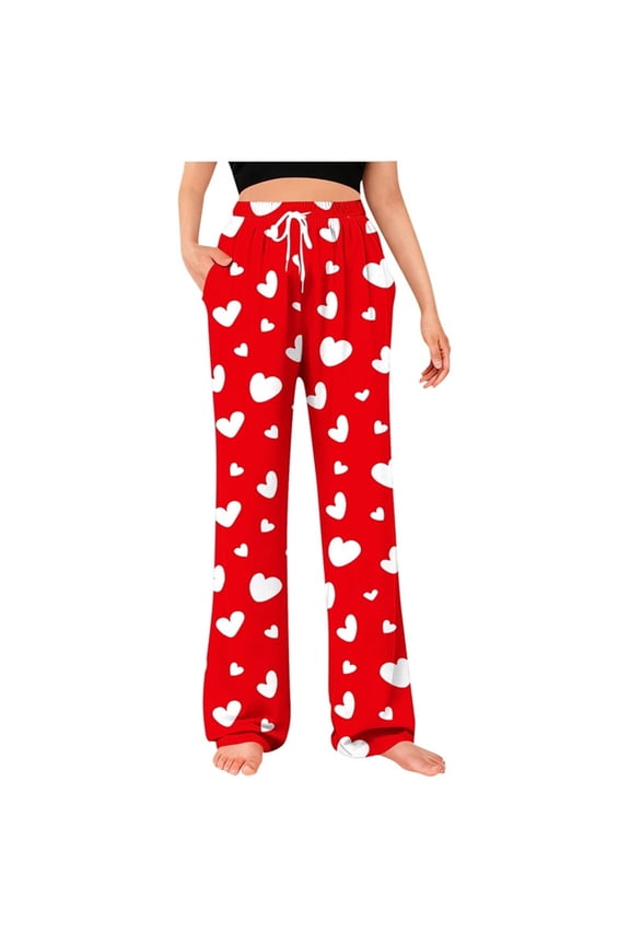 Mens Pajama Pants Breathable Wide Leg Pj Bottoms Lightweight Elastic Waist Heart Valentine's Day Sleepwear S-3XL