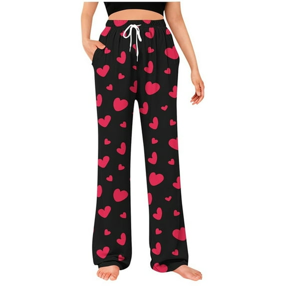 hotojiny Mens Pajama Pants Breathable Wide Leg Pj Bottoms Lightweight Elastic Waist Heart Valentine's Day Sleepwear S-3XL