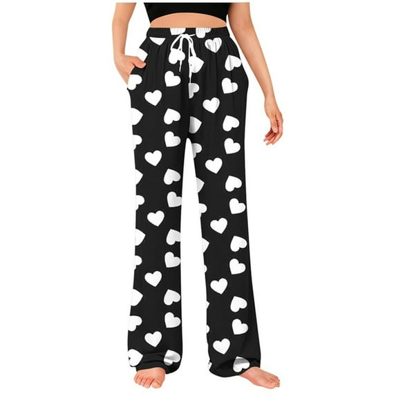 hotojiny Mens Pajama Pants Lightweight Wide Leg Heart Print Pj Trousers Casual Loose Fit Drawstring Sleepwear Valentine's Day Gift