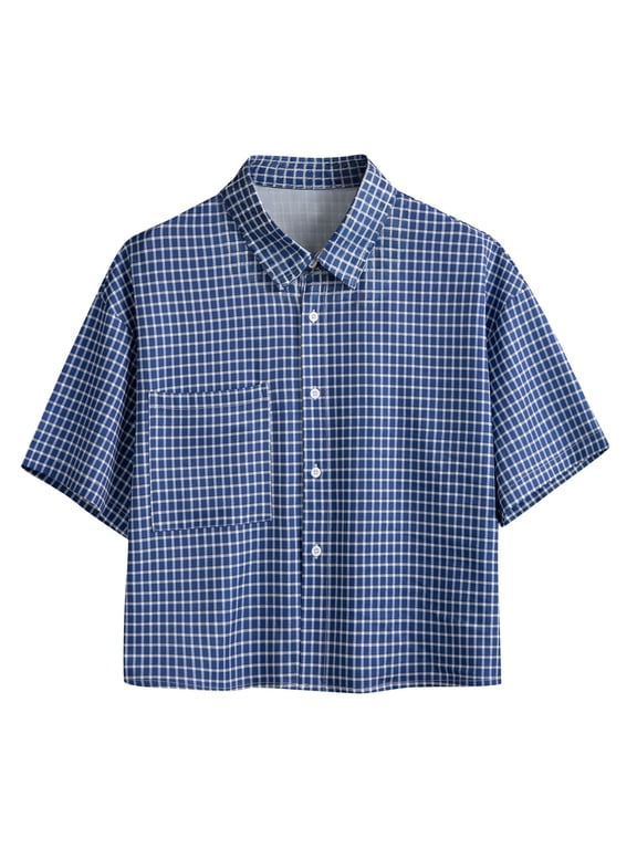 Mens Plaid Shirts Fashion Short Sleeve Button down Shirt Lightweight Collared Cropped Summer Casual Top with Pocket