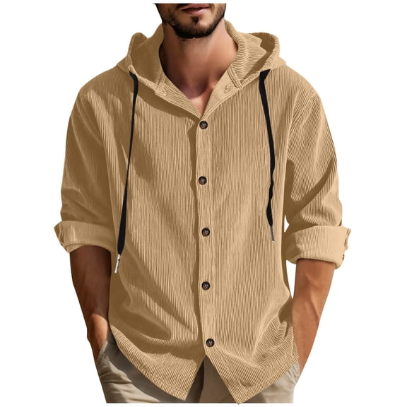 hotojiny Mens Regular Fit Corduroy Overshirt Lightweight Long Sleeve Jacket with Hood Casual Button down Shirt Shacket Spring Fashion