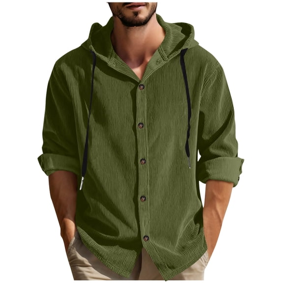 hotojiny Mens Regular Fit Corduroy Overshirt Lightweight Long Sleeve Jacket with Hood Casual Button down Shirt Shacket Spring Fashion