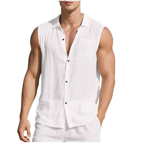 hotojiny Mens Shirts Big and Tall Sleeveless Button down Summer Tops with Pocket Comfortable Basic Solid Color Beach Vaction Clothes