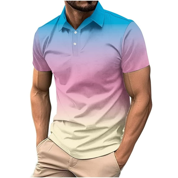 hotojiny Mens Shirts Summer Buttons Collar Short Sleeve Gradient T-Shirts Fashion Beach Vaction Hawaiian Tops Golf Shirts for Men