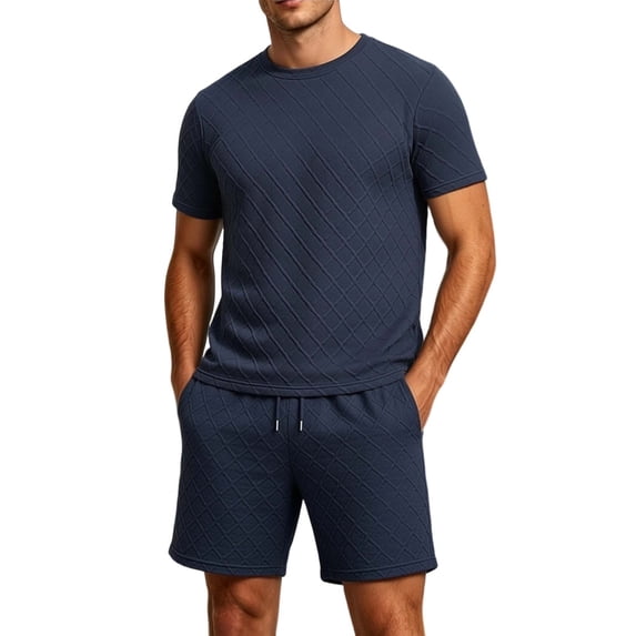hotojiny Mens Short Sets Tracksuit 2 Piece Outfits Casual Summer Fashion Short Sleeve T Shirt and Textured Shorts for Workout(Dark Blue,XX-Large)