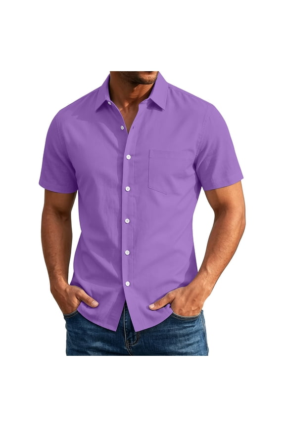 Mens Short Sleeve Shirt Casual Business Button down Dress Shirts Summer Solid Color Stretch Pocket Shirts(Purple,4X-Large)
