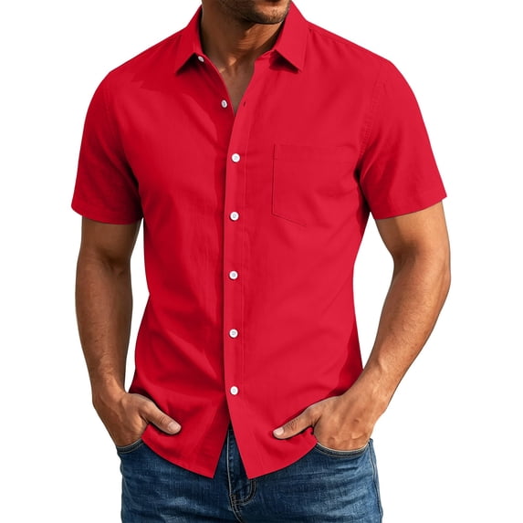 hotojiny Mens Short Sleeve Shirt Casual Business Button down Dress Shirts Summer Solid Color Stretch Pocket Shirts(Red,XX-Large)