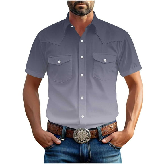 hotojiny Mens Short Sleeve Work Shirt Casual Gradient Button Down Shirts Stretch Outdoor Hiking Fishing Cargo Shirt with Pockets