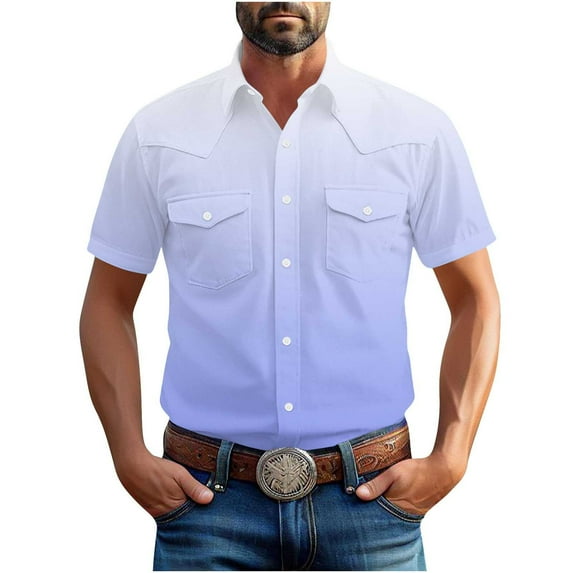 hotojiny Mens Short Sleeve Work Shirt Casual Gradient Button Down Shirts Stretch Outdoor Hiking Fishing Cargo Shirt with Pockets