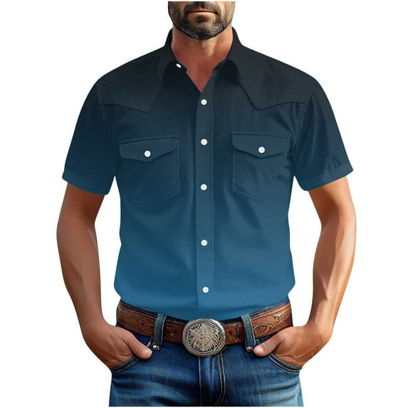 hotojiny Mens Short Sleeve Work Shirt Casual Gradient Button Down Shirts Stretch Outdoor Hiking Fishing Cargo Shirt with Pockets