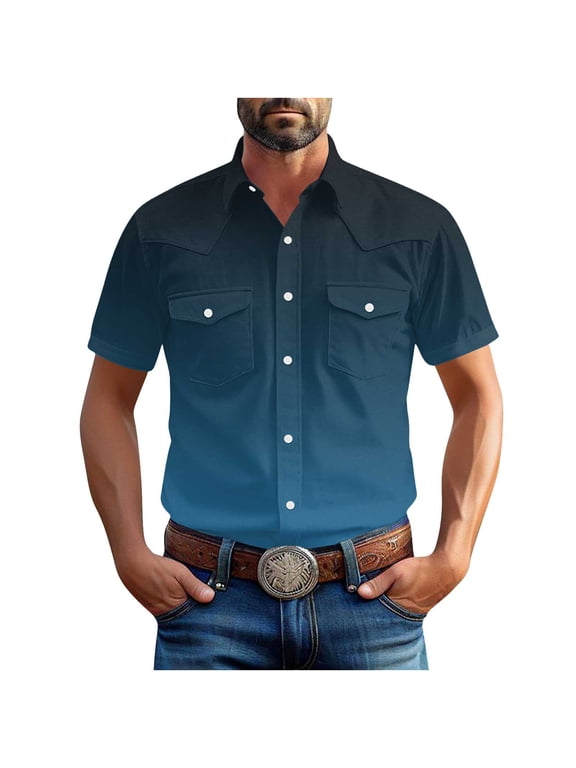 Mens Short Sleeve Work Shirt Casual Gradient Button Down Shirts Stretch Outdoor Hiking Fishing Cargo Shirt with Pockets