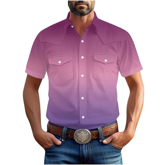 hotojiny Mens Short Sleeve Work Shirt Casual Gradient Button Down Shirts Stretch Outdoor Hiking Fishing Cargo Shirt with Pockets