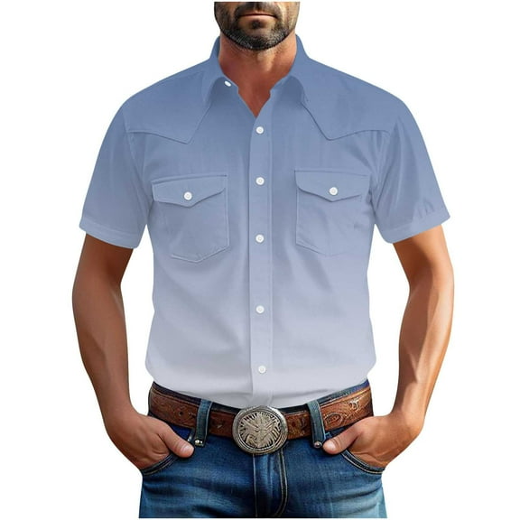 hotojiny Mens Short Sleeve Work Shirt Casual Gradient Button Down Shirts Stretch Outdoor Hiking Fishing Cargo Shirt with Pockets