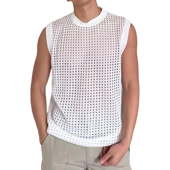 hotojiny Mens Sleeveless Tank Tops Casual Hollow out T Shirts Breathable Mesh Beach Summer Tops for Beach Cover Ups