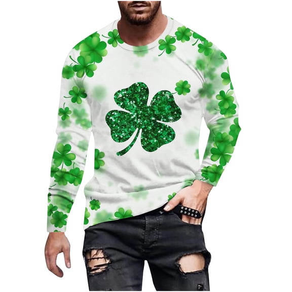 hotojiny Mens St Patrick's Day Shirts Casual Long Sleeve T-Shirt Big and Tall Green Print Crew Neck Tops Spring Clothes for Party