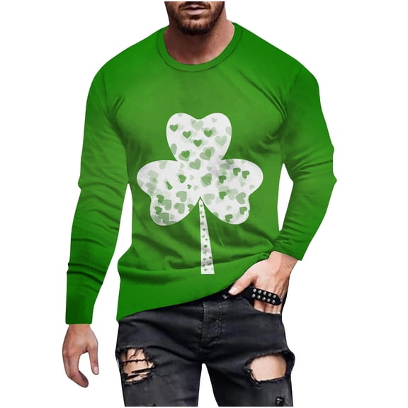 hotojiny Mens St Patrick's Day Shirts Casual Long Sleeve T-Shirt Big and Tall Green Print Crew Neck Tops Spring Clothes for Party