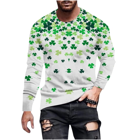 hotojiny Mens St Patrick's Day Shirts Casual Long Sleeve T-Shirt Big and Tall Green Print Crew Neck Tops Spring Clothes for Party