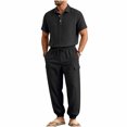 thumbnail image 1 of hotojiny Mens Summer 2 Piece Set Button Collared Short Sleeve Golf Shirt Cinch Bottoms Cargo Pants Walking Casual Outfits(Black,X-Large), 1 of 7