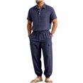 thumbnail image 1 of hotojiny Mens Summer 2 Piece Set Button Collared Short Sleeve Golf Shirt Cinch Bottoms Cargo Pants Walking Casual Outfits(Navy,Small), 1 of 7