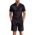thumbnail image 1 of hotojiny Mens Summer Outfits 2 Piece Beach Vacation Set Plaid Short Sleeve Button down Shirts with Elastic Waist Shorts(Black,X-Large), 1 of 7